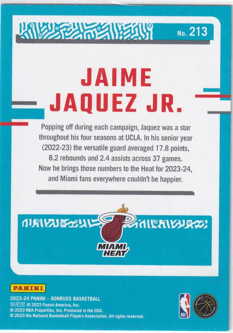 2023-24 DONRUSS #213 JAMIE JAQUEZ JR- MIAMI HEAT - Basketball Card Single