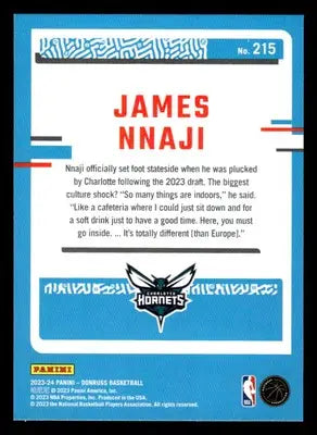 2023-24 Donruss #215 James Nnaji Base RC Charlotte Hornets - Basketball Card Single