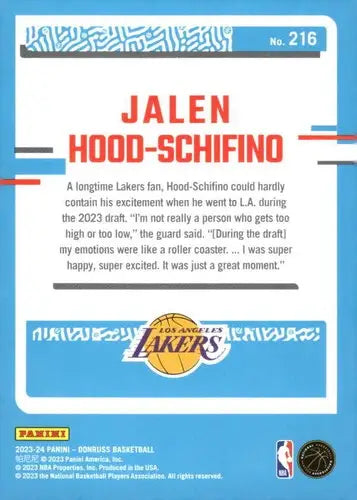 Basketball card back with original gloss from 2023-24 Donruss Jalen Hood-Schifino Rated Rookie