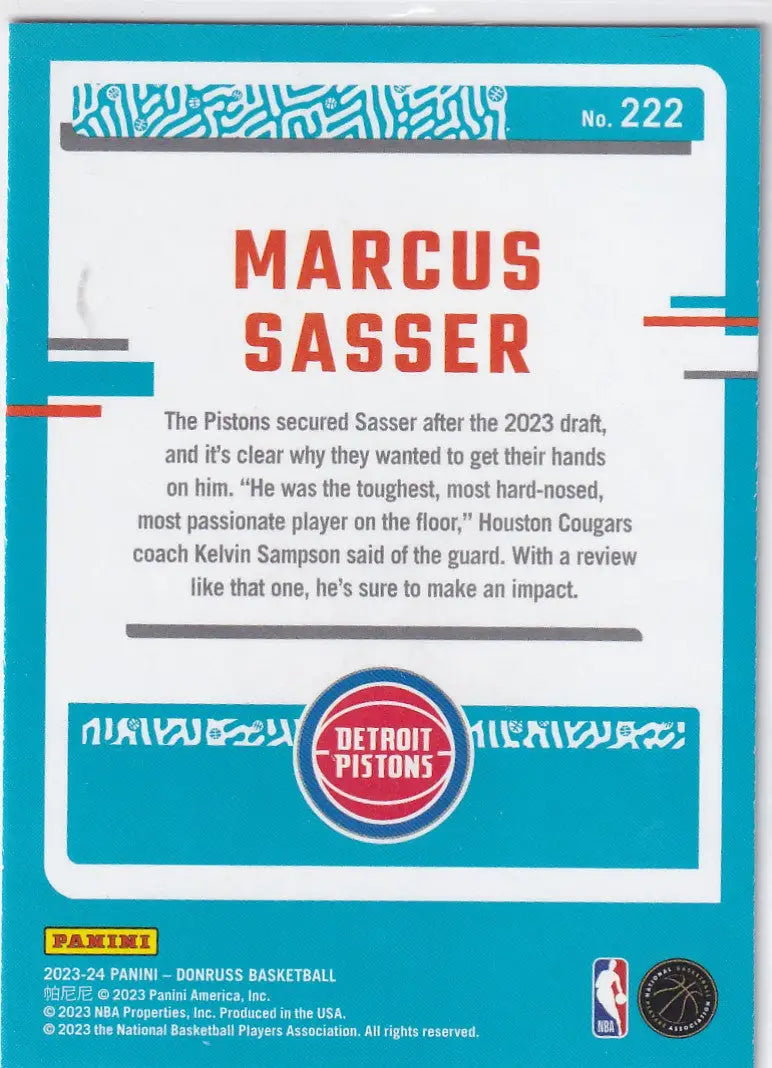 2023-24 DONRUSS #222 MARCUS SASSER RED & YELLOW LAZER- DETROIT PISTONS - Basketball Card Single