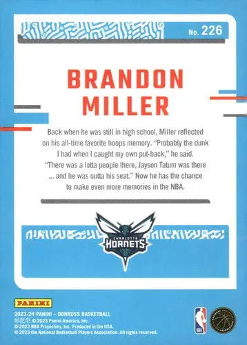2023-24 Donruss #226 Brandon Miller NM-MT RC Rookie Hornets Rated Rooki ID:70746 - Basketball Card Single