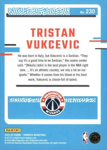 Basketball card featuring Tristan Vukcevic rookie Wizards 2023-24 Donruss original gloss