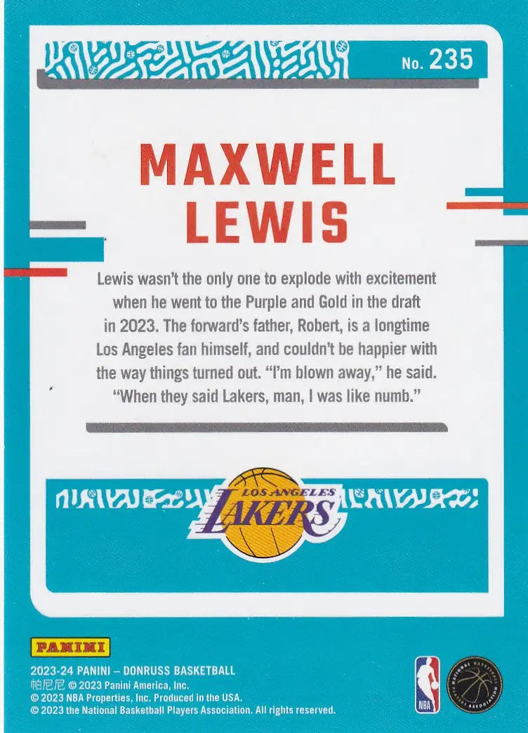 2023-24 DONRUSS #235 MAXWELL LEWIS RED HOLO- LOS ANGELES LAKERS