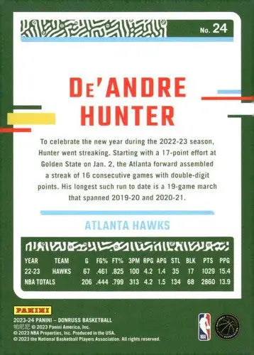 De’Andre Hunter original gloss basketball card 2023-24 Donruss NM-MT Hawks