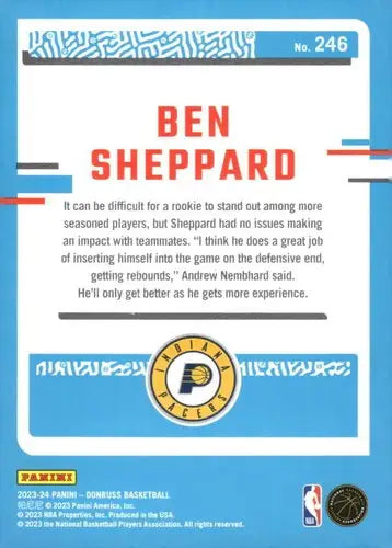2023-24 Donruss #246 Ben Sheppard NM-MT RC Rookie Pacers Rated Rookie ID:70750 - Basketball Card Single
