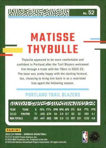 2023-24 Donruss #52 Matisse Thybulle NM-MT Blazers ID:70591 - Basketball Card Single
