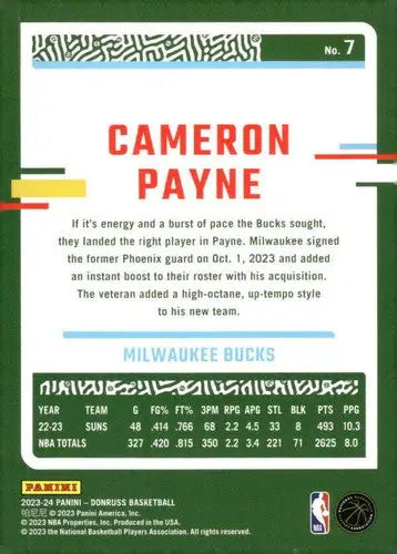 Original gloss Cameron Payne basketball card 2023-24 Donruss NM-MT Bucks ID 70570
