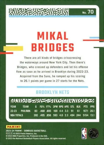 Mikal Bridges basketball card with original gloss from 2023-24 Donruss NM-MT Nets