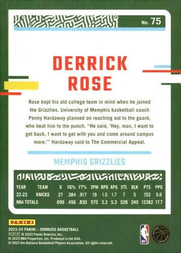 Derrick Rose basketball card with original gloss from 2023-24 Donruss NM-MT Grizzlies