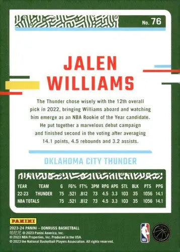 2023-24 Donruss #76 Jalen Williams NM-MT Thunder ID:70600 - Basketball Card Single