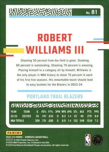 2023-24 Donruss #81 Robert Williams III NM-MT Blazers ID:70604 - Basketball Card Single