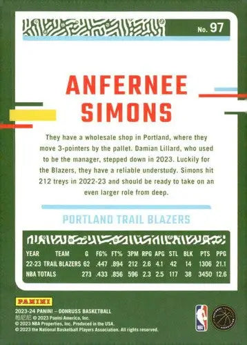 2023-24 Donruss #97 Anfernee Simons NM-MT Blazers ID:70611 - Basketball Card Single