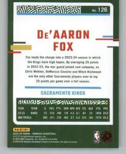 De’Aaron Fox basketball card from 2023-24 Donruss Holo Green Laser series