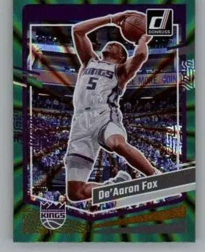 DeAaron Fox basketball card featuring Donruss Holo Green Laser and Holo Green design