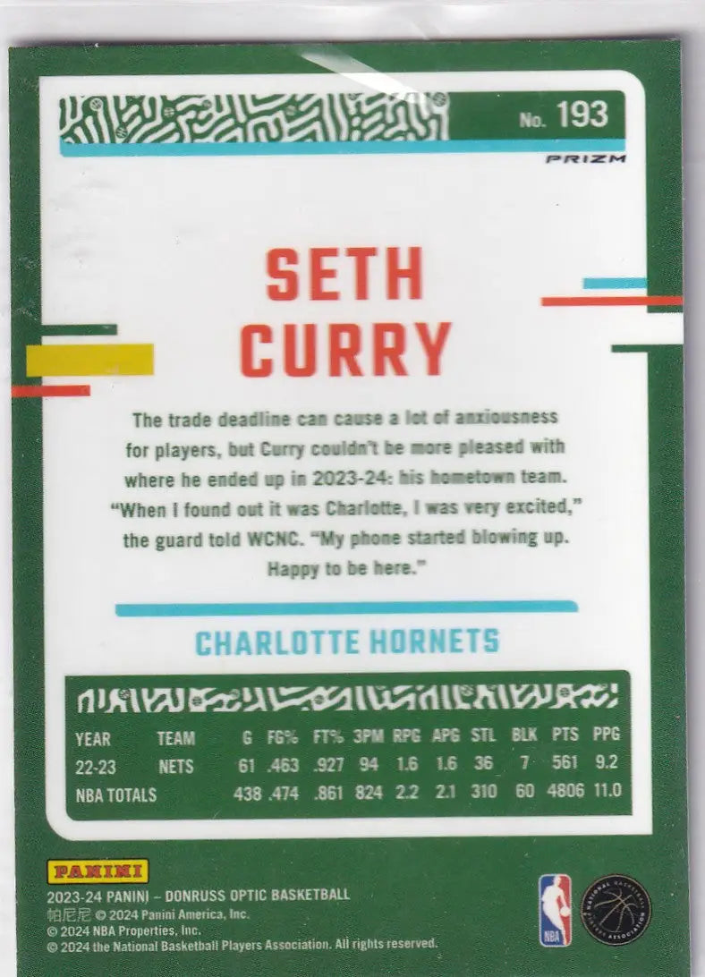 2023-24 DONRUSS OPTIC #193 SETH CURRY PURPLE SHOCK- CHARLOTTE HORNETS - Basketball Card Single