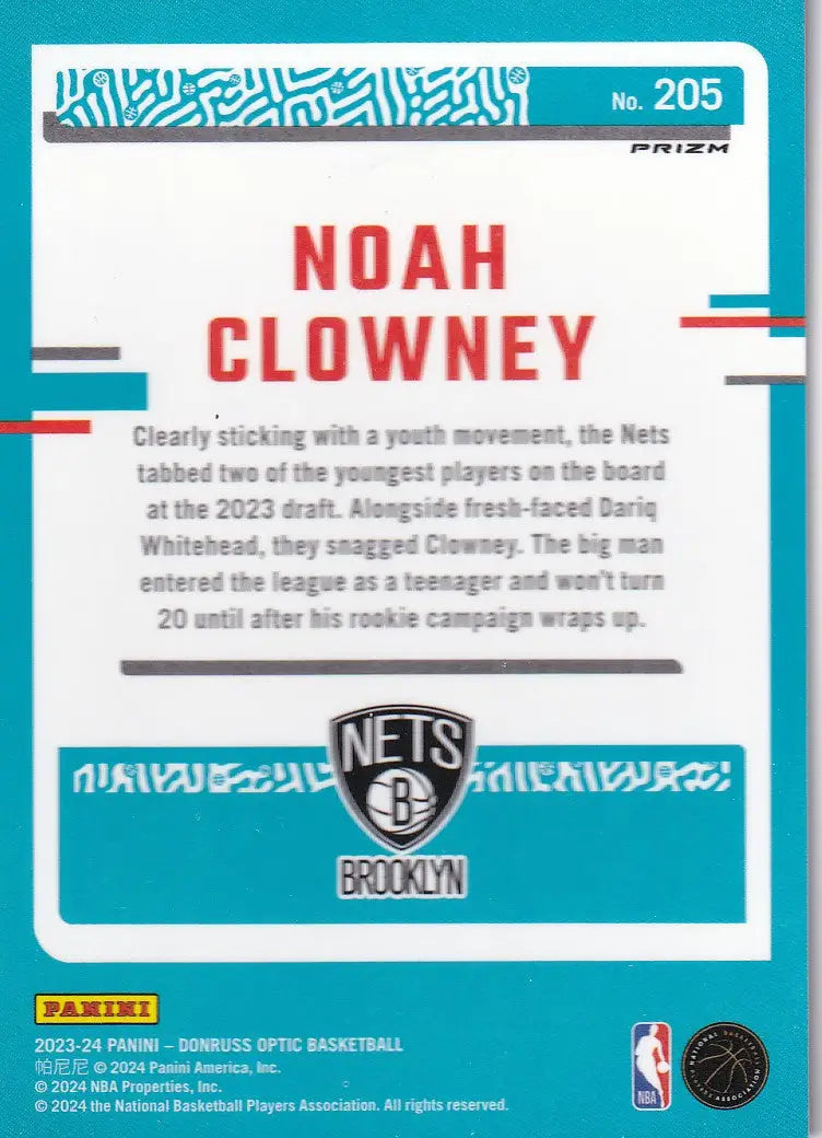 2023-24 DONRUSS OPTIC #205 NOAH CLOWNEY PURPLE- BROOKLYN NETS