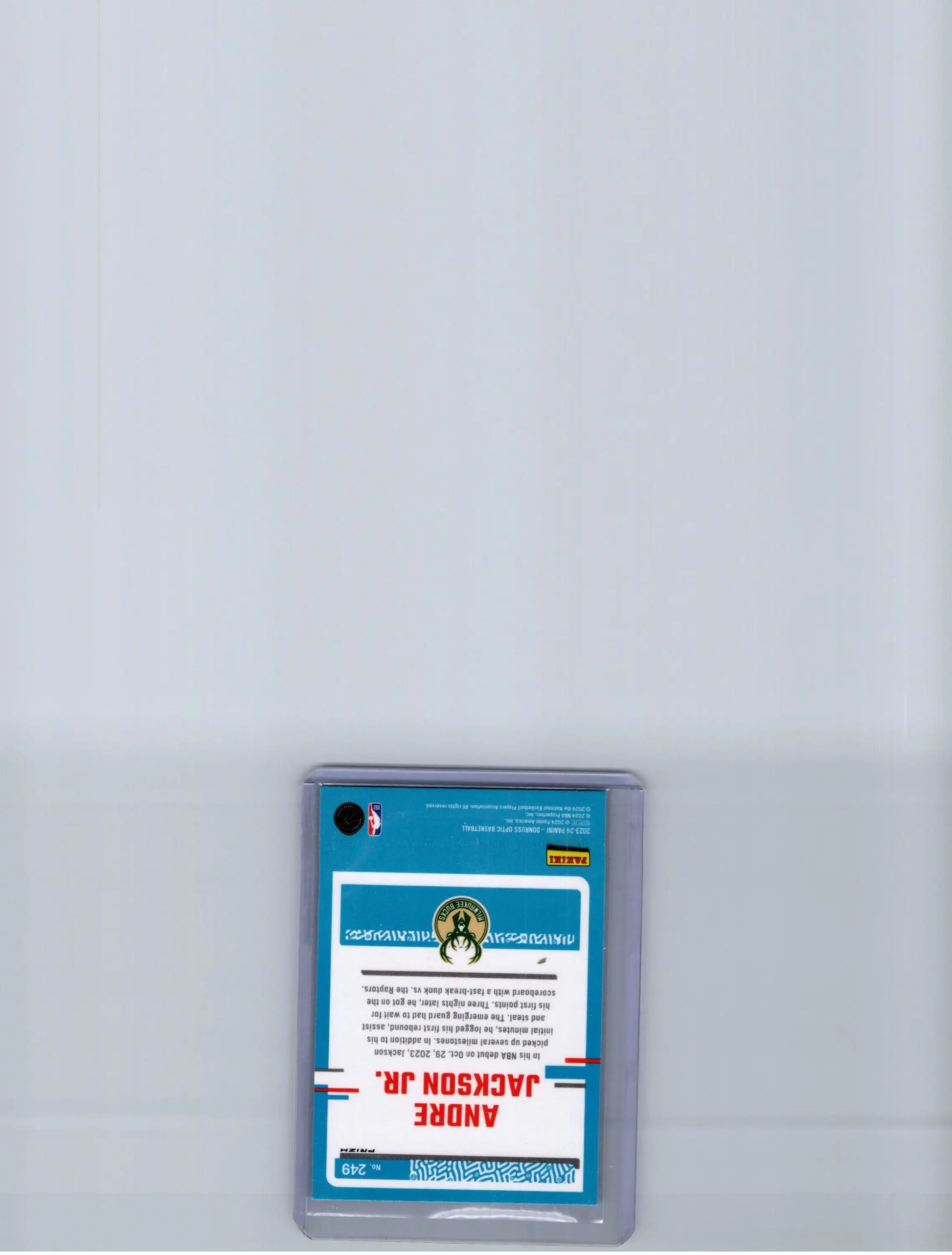 Basketball trading card in protective sleeve featuring 2023-24 Donruss Optic Andre Jackson Jr Holo