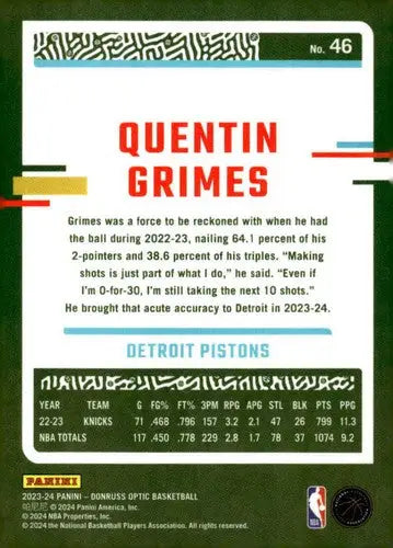 2023-24 Donruss Optic #46 Quentin Grimes NM-MT Pistons ID:78596 - Basketball Card Single