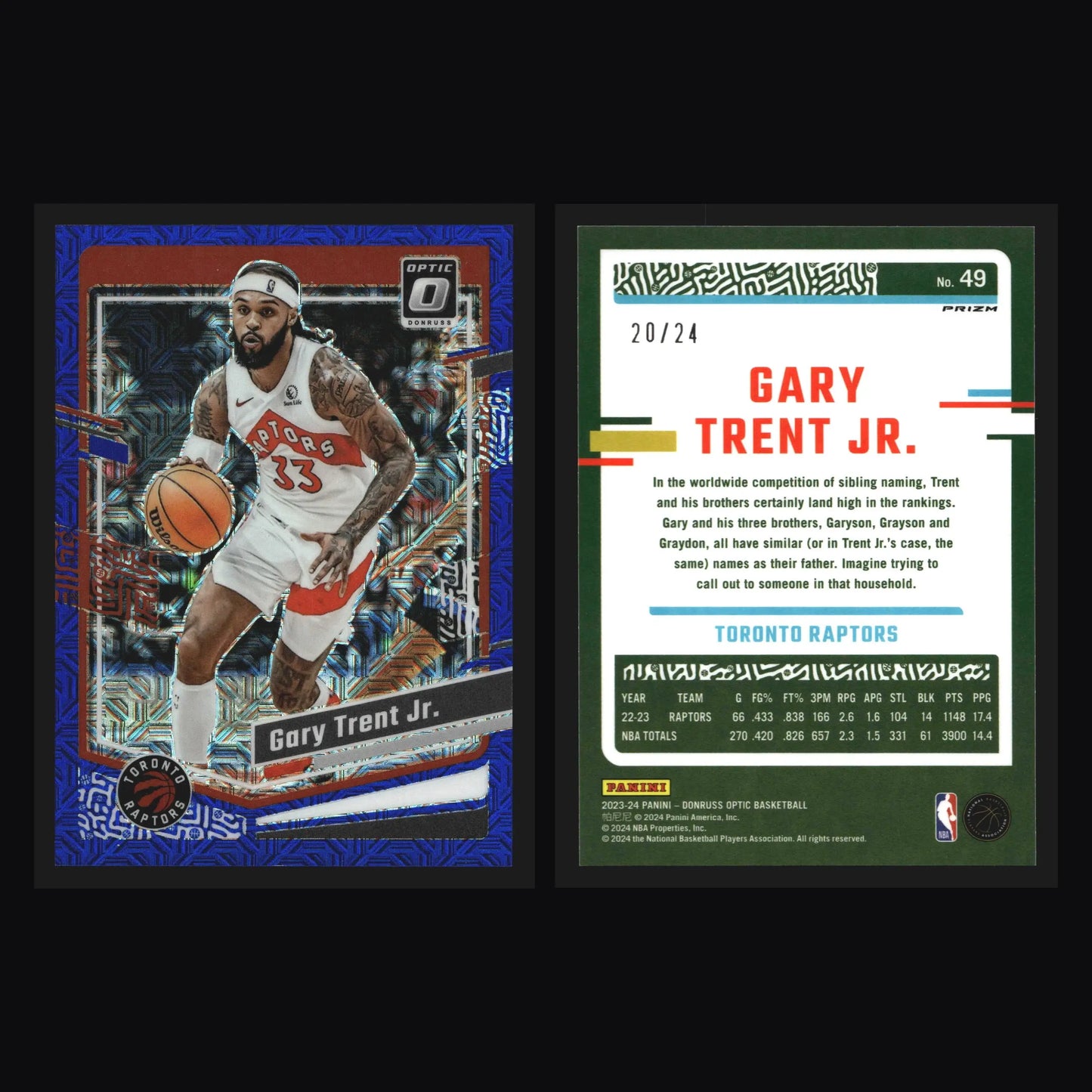 2023-24 Donruss Optic Gary Trent Jr. #49 Blue Mojo Prizm 20/24 Toronto Raptors - Basketball Card Single