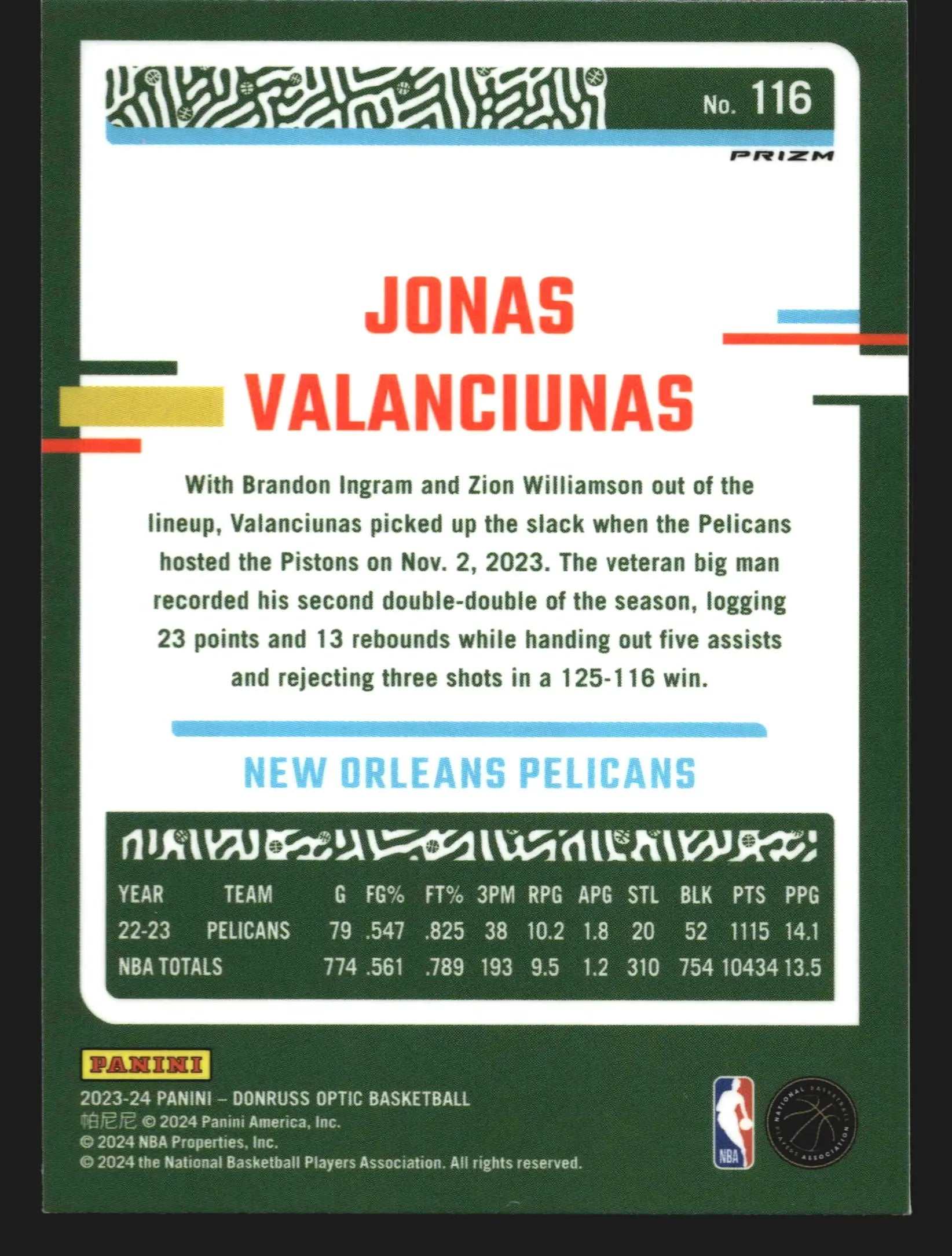 2023-24 Donruss Optic Jonas Valanciunas #116 Choice Red & Green Prizm