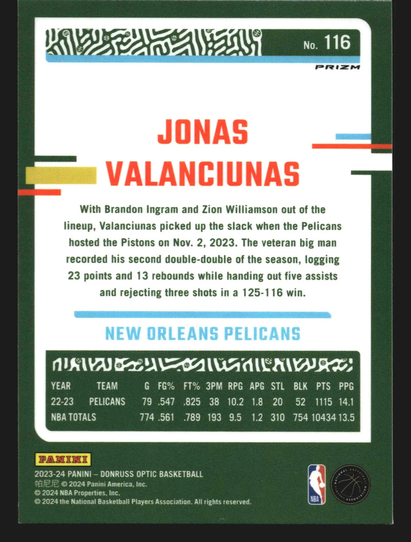 2023-24 Donruss Optic Jonas Valanciunas #116 Choice Red & Green Prizm