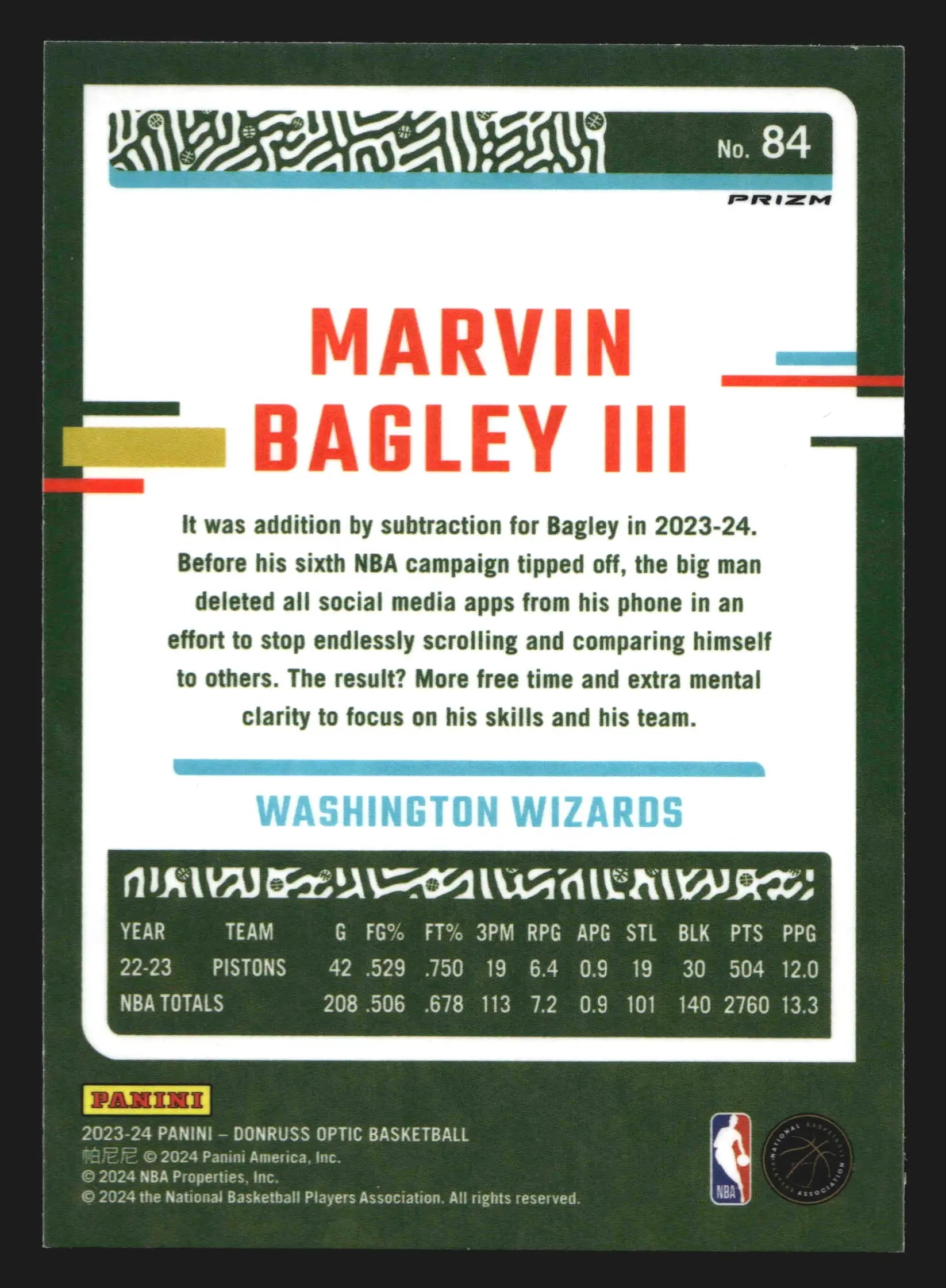 2023-24 Donruss Optic Marvin Bagley III #84 Holo Wizards - Basketball Card Single