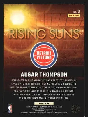 2023-24 Donruss Optic Rising Suns Ausar Thompson #9 Holo Prizm RC Pistons - Basketball Card Single