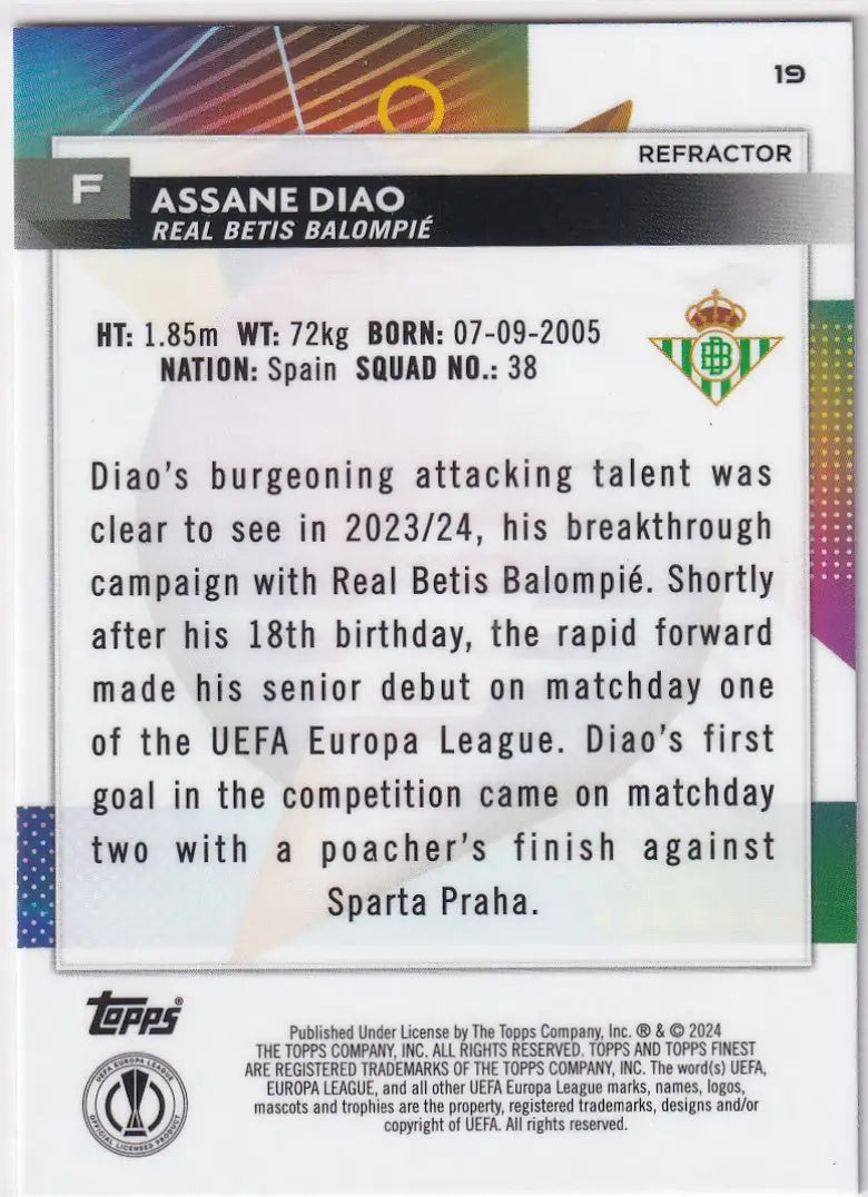 Finest Refractor trading card of Assane Diao featuring Real Betis player stats