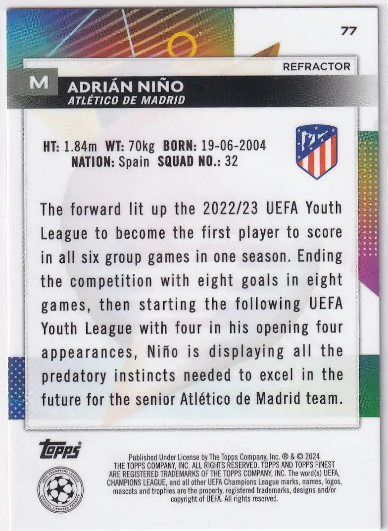 2023-24 Finest Refractor Adrián Niño Trading Card with Atlético de Madrid Stats