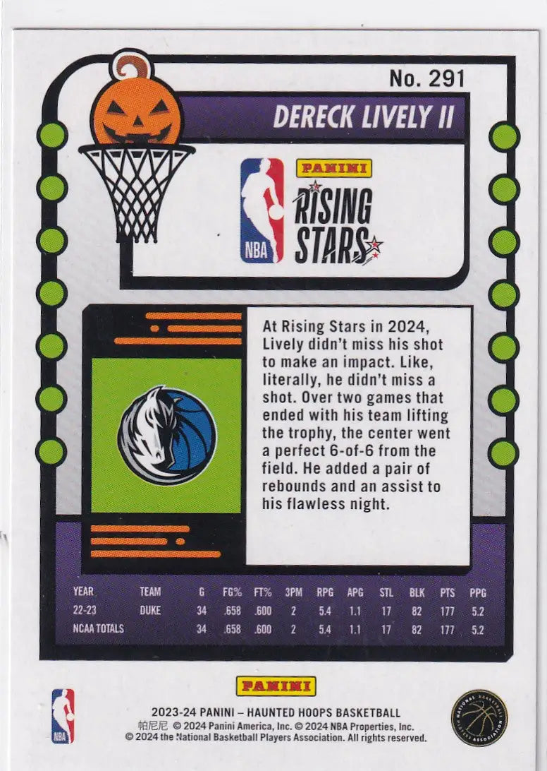 2023-24 HAUNTED HOOPS #291 DERECK LIVELY RISING STARS- DALLAS MAVERICKS