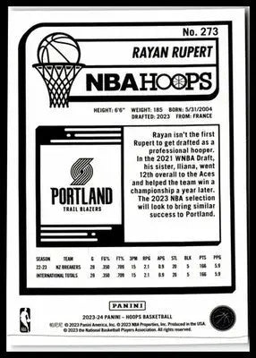 2023-24 Hoops #273 Rayan Rupert - Basketball Card Single