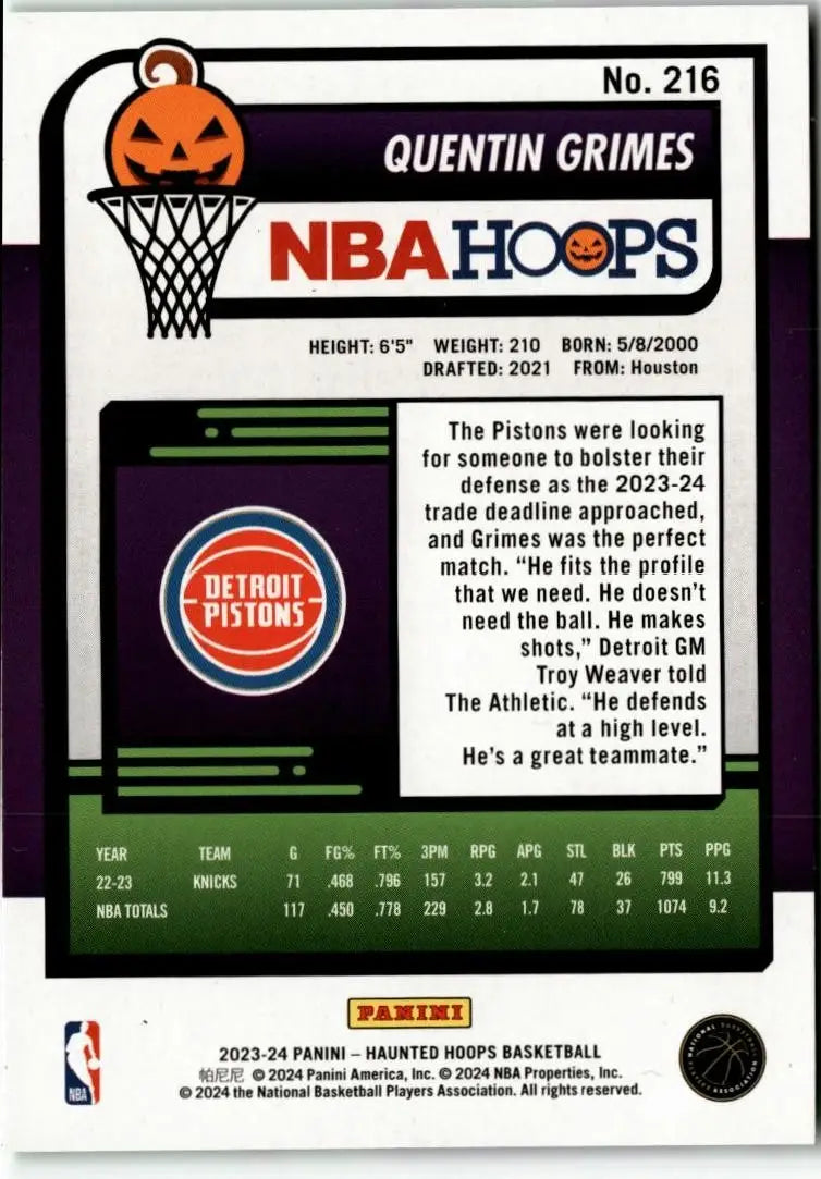 2023-24 Hoops Haunted Hoops #216 Quentin Grimes Slime - Basketball Card Single