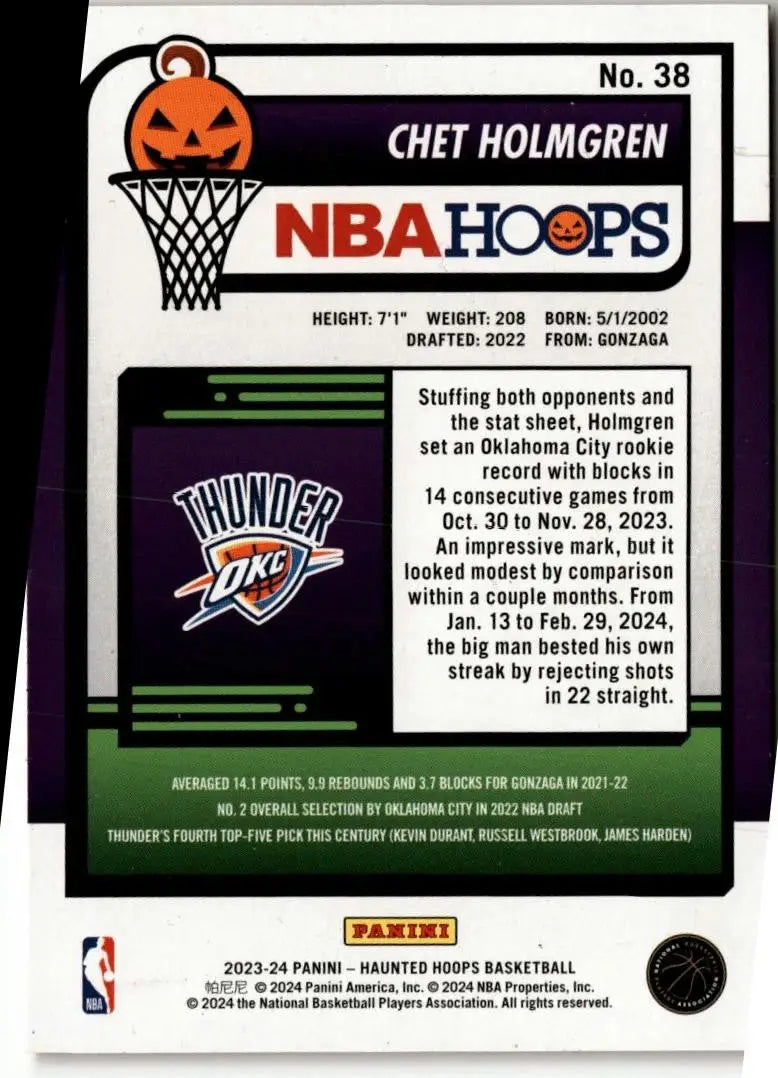 2023-24 Hoops Haunted Hoops #38 Chet Holmgren Orange - Basketball Card Single