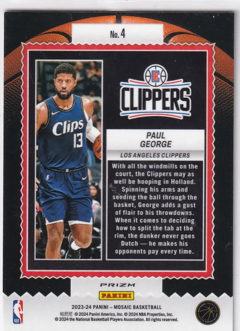 2023-24 MOSAIC #4 PAUL GEORGE GREEN JAM MASTERS- LOS ANGELES CLIPPERS - Basketball Card Single