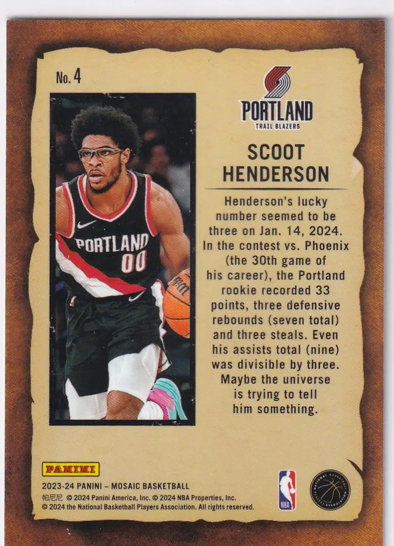 2023-24 MOSAIC #4 SCOOT HENDERSON NOTORIETY- PORTLAND TRAIL BLAZZERS - Basketball Card Single