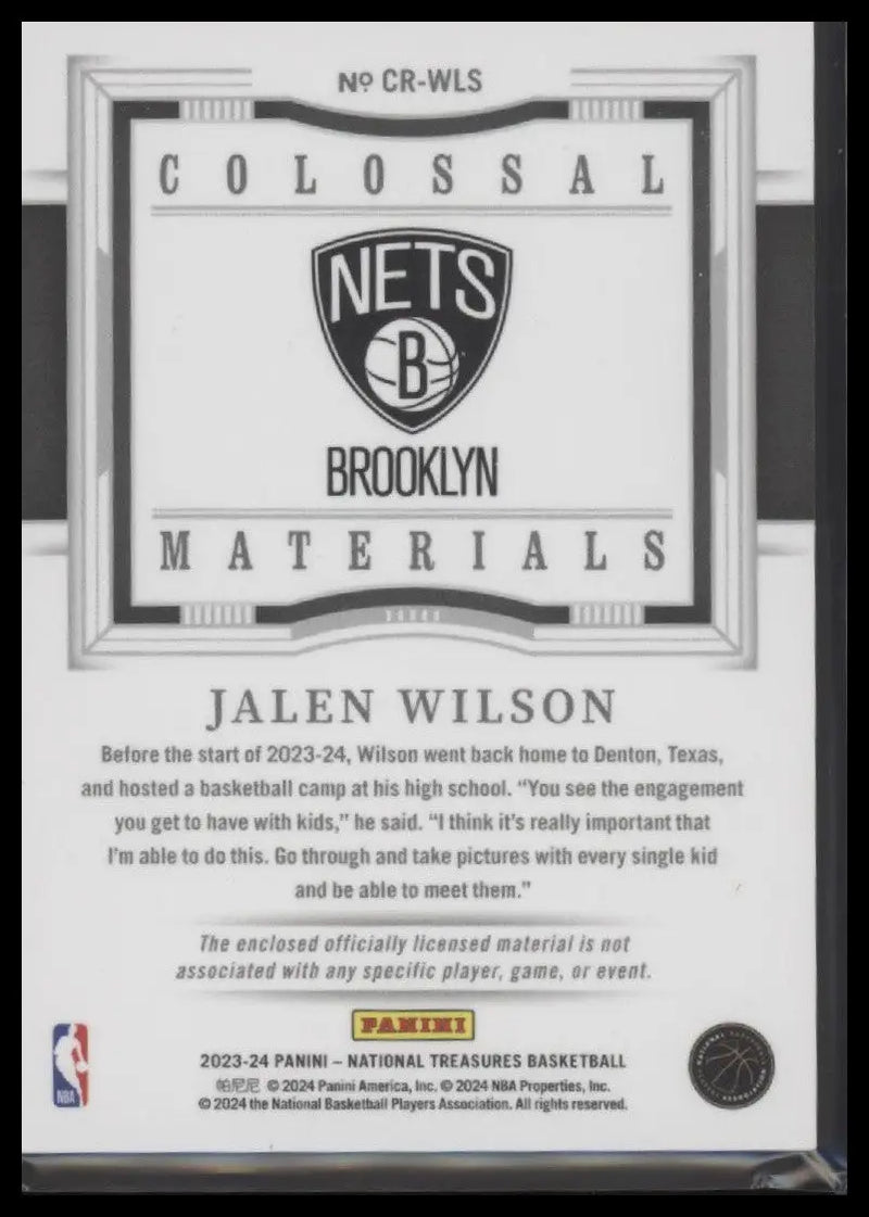 2023-24 National Treasures #CR-WLS Jalen Wilson Colossal Rookie Mat Intl #/24 - Basketball Card Single