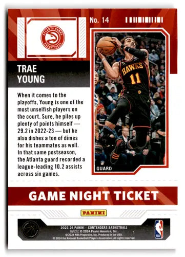 Trae Young basketball card from 2023-24 Panini Contenders Game Night Ticket series