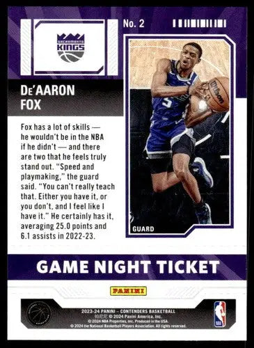 De’Aaron Fox basketball card from Panini Contenders Game Night Ticket 2023-24