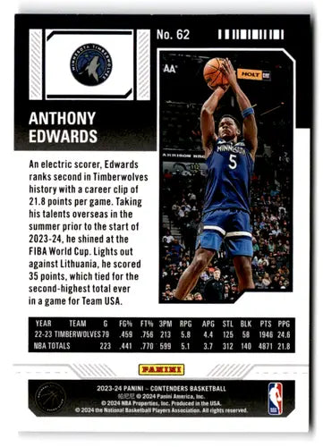 Anthony Edwards basketball card from 2023-24 Panini Contenders Game Ticket Green series