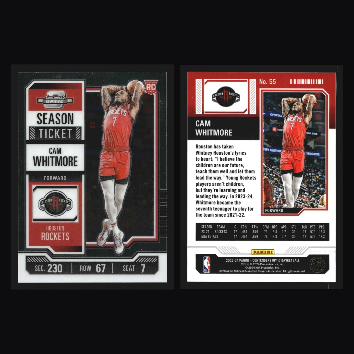2023-24 Panini Contenders Optic Cam Whitmore #55 Season Ticket RC Rockets - Basketball Card Single