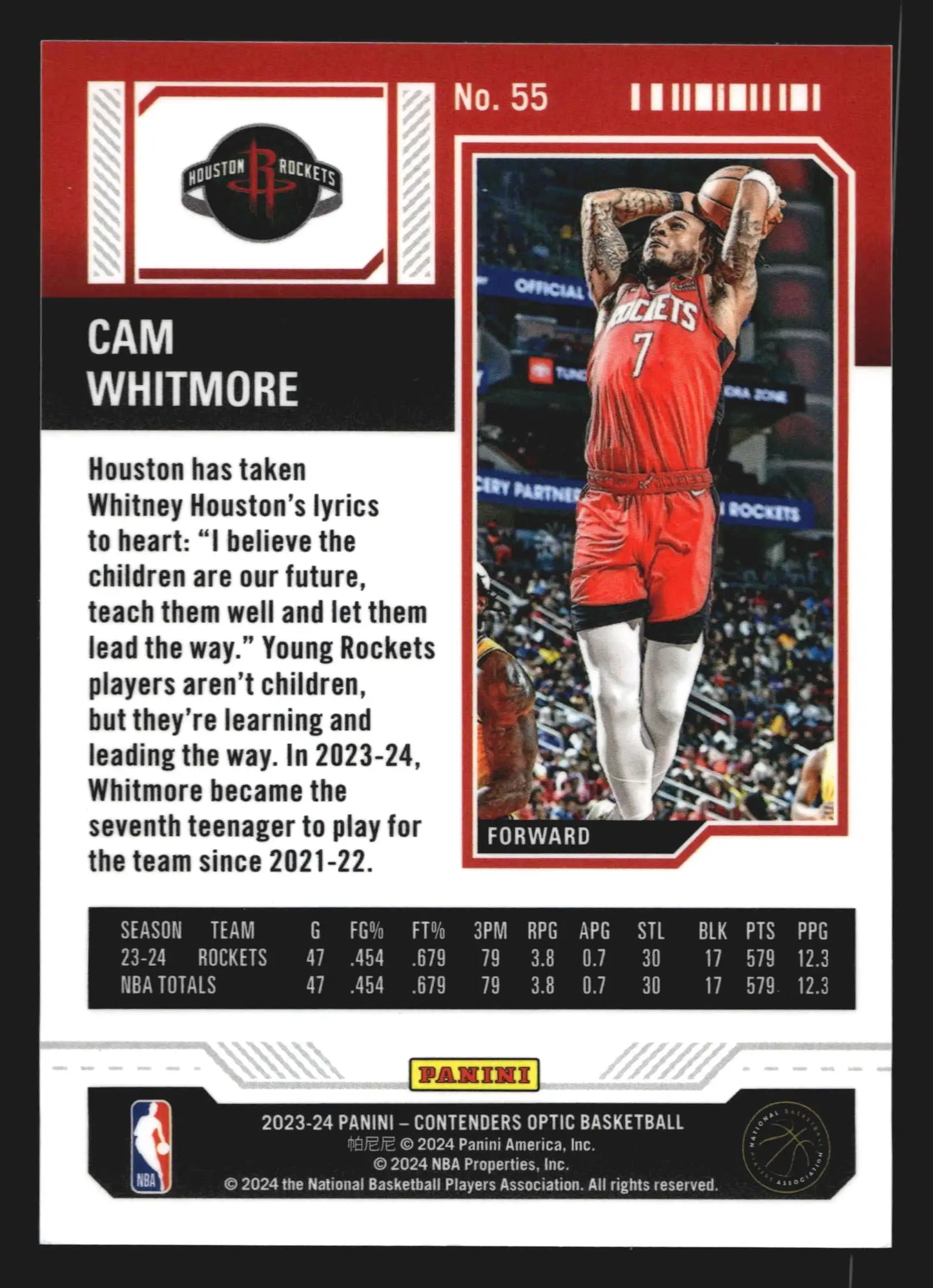 2023-24 Panini Contenders Optic Cam Whitmore #55 Season Ticket RC Rockets - Basketball Card Single