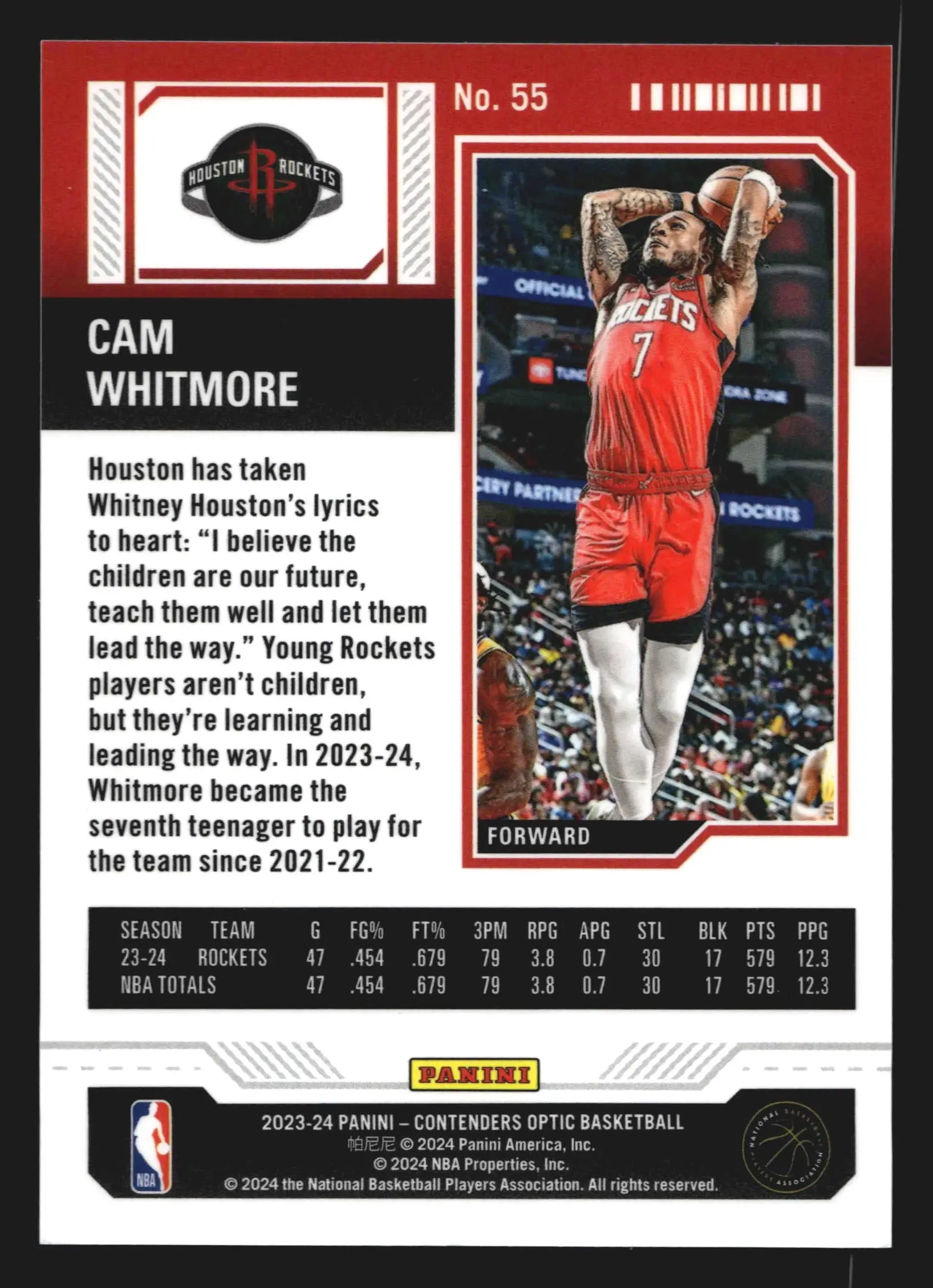 2023-24 Panini Contenders Optic Cam Whitmore #55 Season Ticket RC Rockets - Basketball Card Single