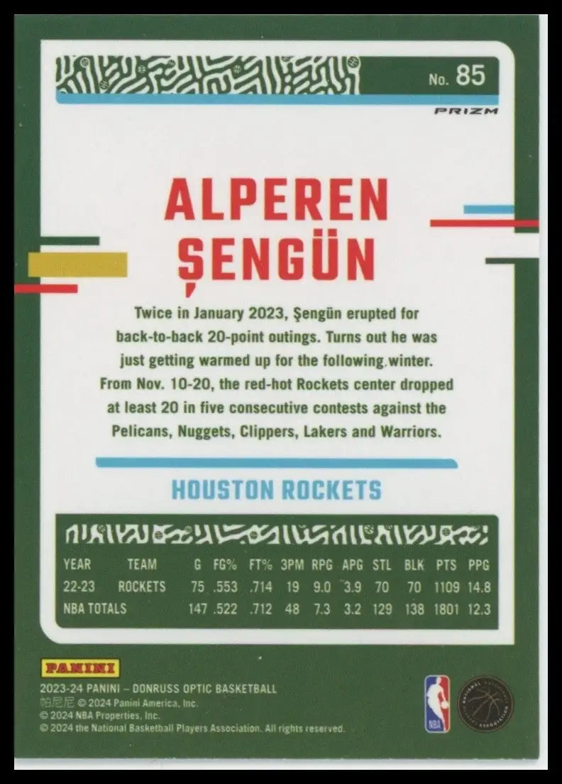 2023-24 Panini Donruss Optic - Alperen Sengun #85 Purple Prizm - Basketball Card Single