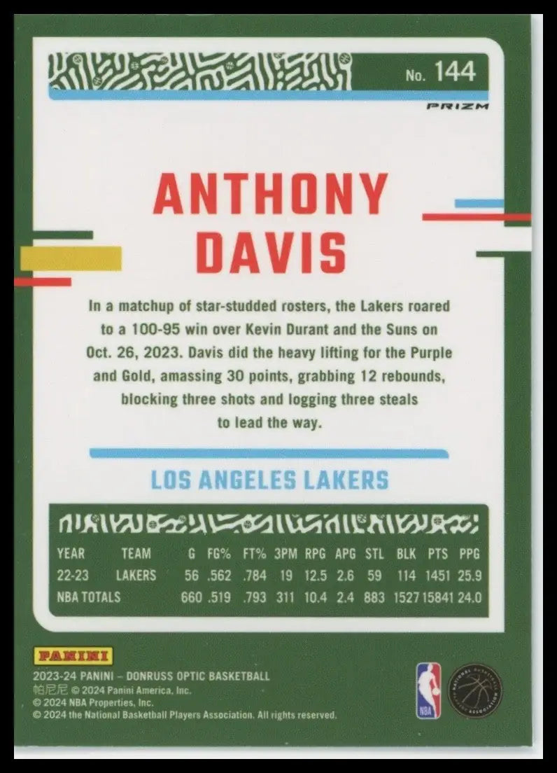 2023-24 Panini Donruss Optic - Anthony Davis #144 Purple Prizm - Basketball Card Single