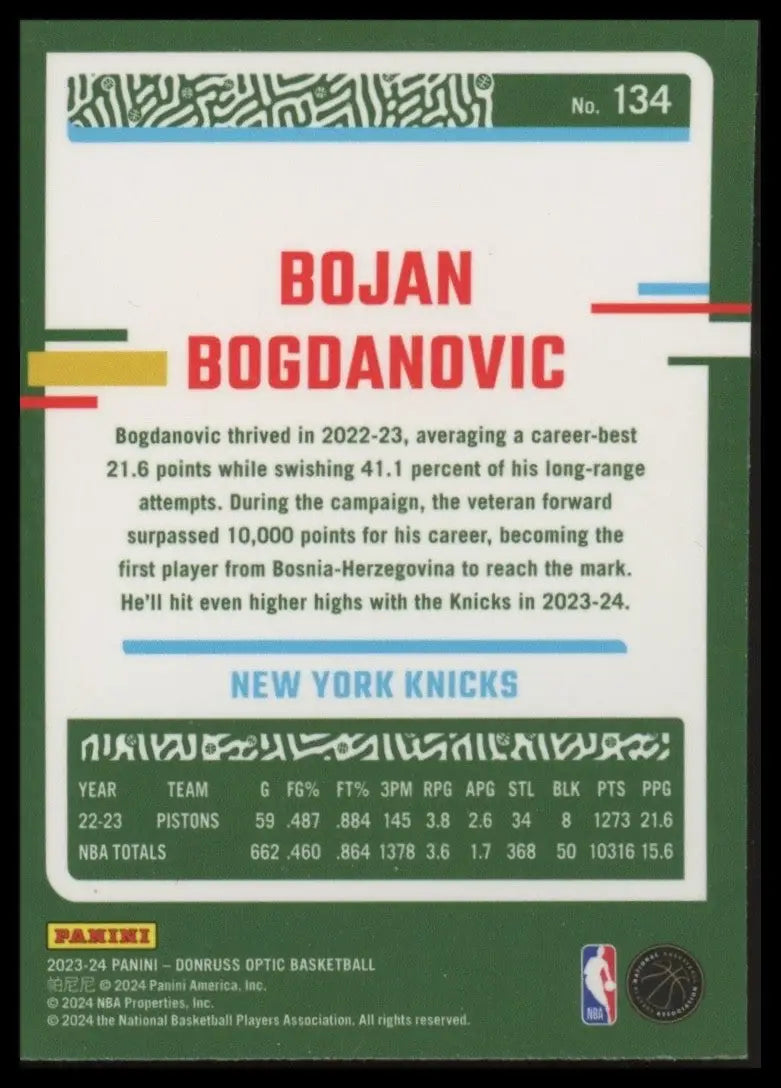 2023-24 Panini Donruss Optic Bojan Bogdanovic #134 New York Knicks Basketball - Basketball Card Single