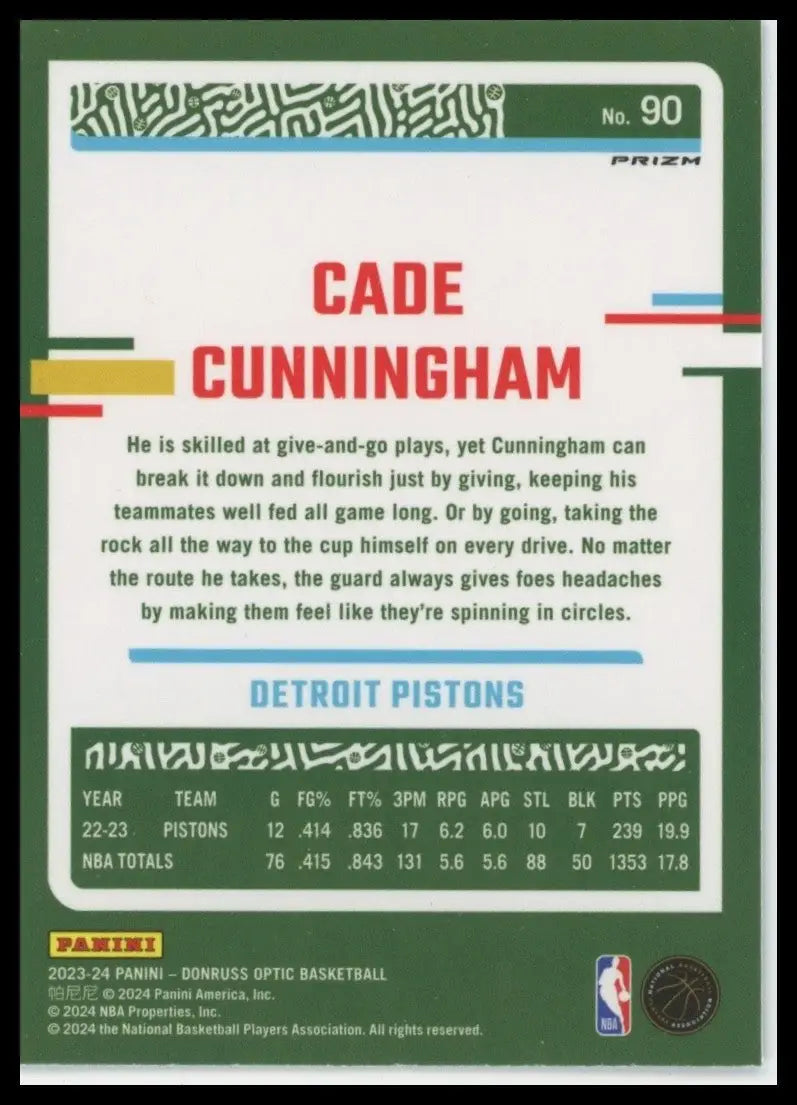 2023-24 Panini Donruss Optic - Cade Cunningham #90 Purple Prizm - Basketball Card Single