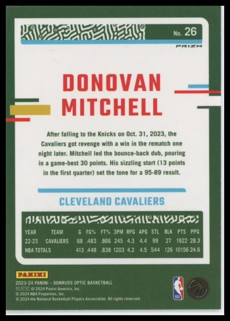 2023-24 Panini Donruss Optic - Donovan Mitchell #26 Holo Prizm - Basketball Card Single
