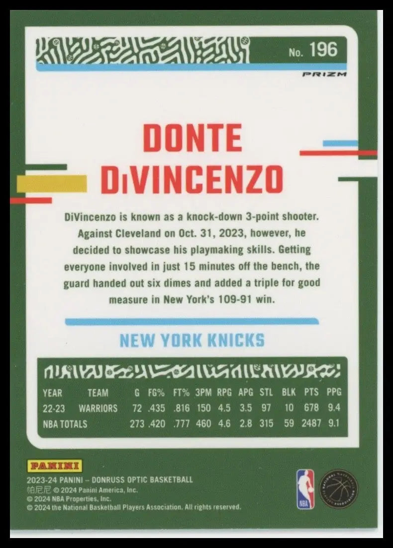 2023-24 Panini Donruss Optic - Donte DiVincenzo #196 Purple Prizm