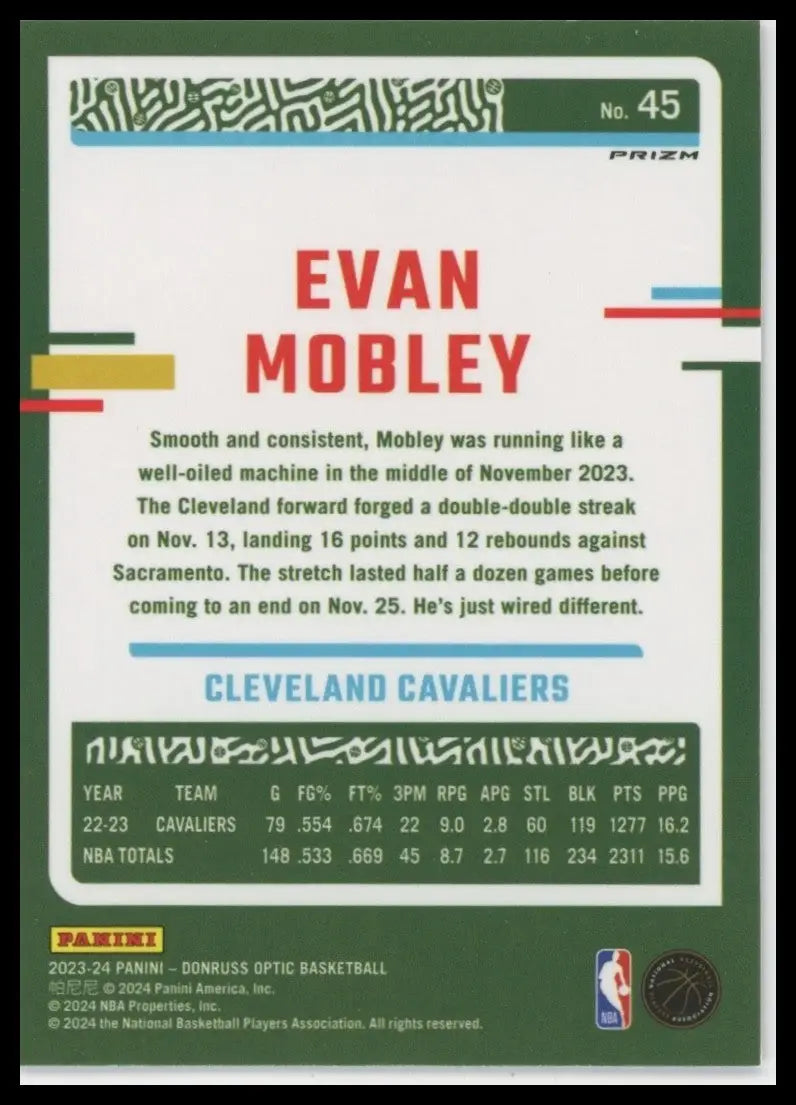 2023-24 Panini Donruss Optic Evan Mobley #45 Pink Hyper Cleveland Cavaliers Card