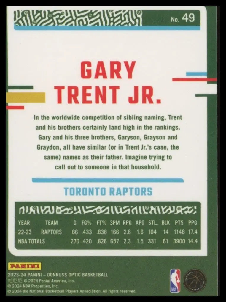 2023-24 Panini Donruss Optic Gary Trent Jr #49 Toronto Raptors Basketball Card - Basketball Card Single